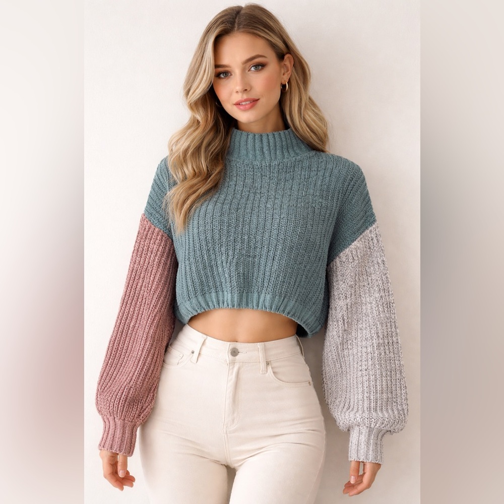 Chunky Knit Colorblock Sweater Cropped Oversized Fit Small